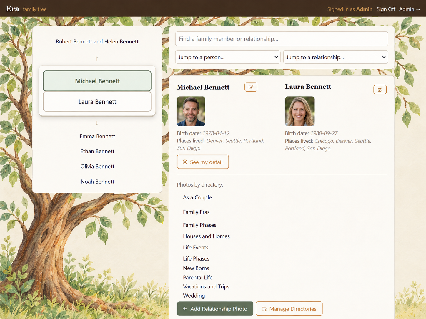 ERA family tree with tree artwork and relationship panels