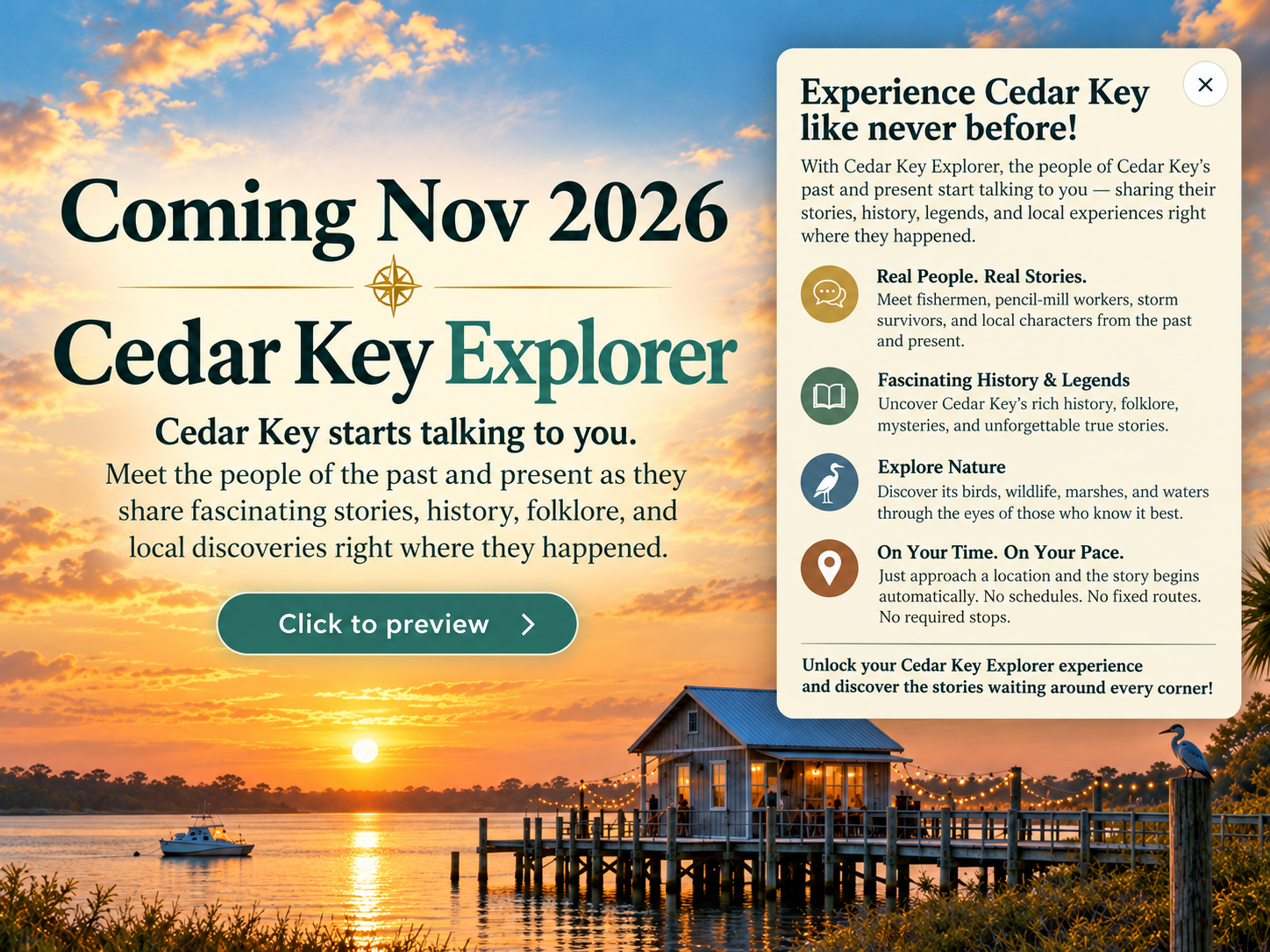 Coming November 2026 — Cedar Key Explorer. Click to preview.