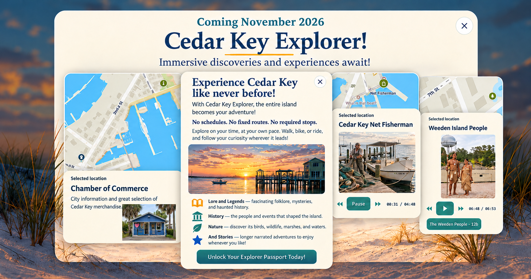 Cedar Key Explorer preview collage featuring Chamber of Commerce, narrations from a net fisherman and Weeden Island people, and an immersive experience introduction