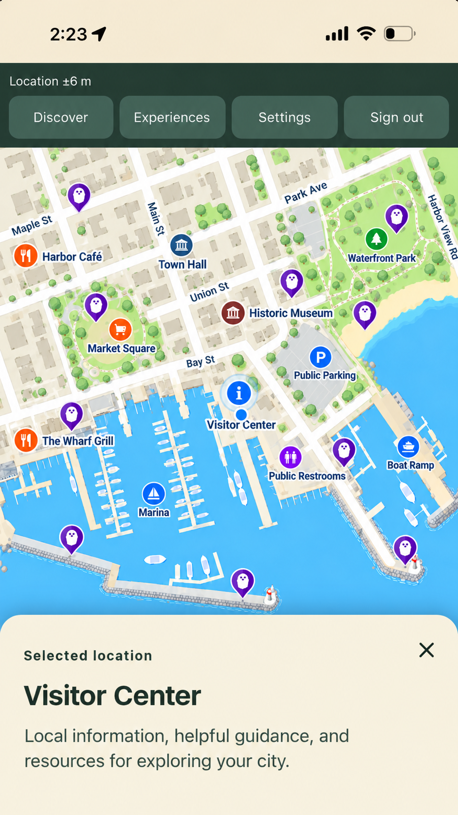 Explorer example showing a coastal visitor map and a Visitor Center location information panel