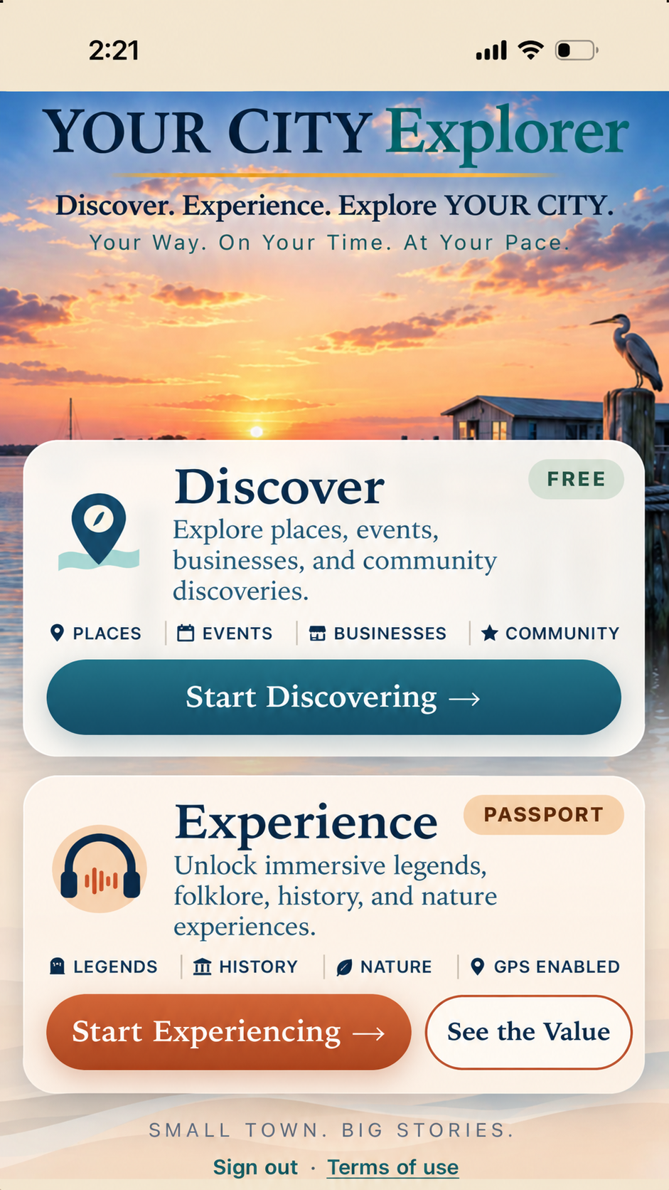 Your City Explorer mobile app showing free Discover and premium Experience options