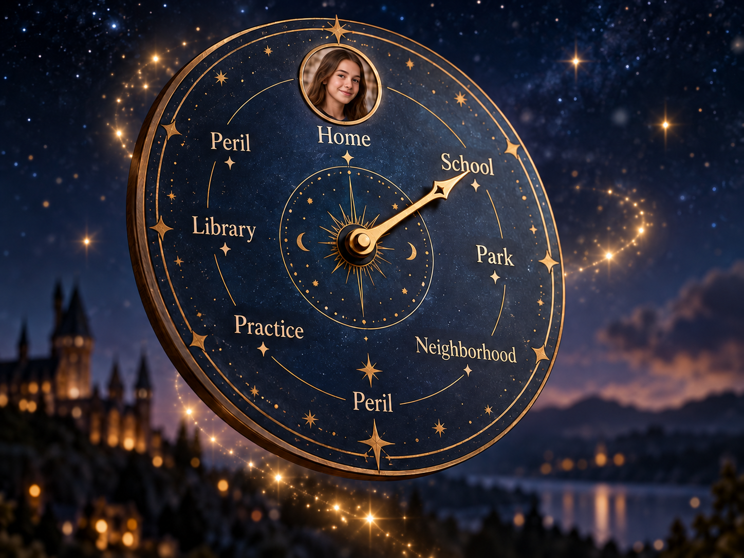 The Wizards Clock concept image showing a small magical-style destination clock with locations such as Home, School, Library, Park, Neighborhood, Practice, and Peril.